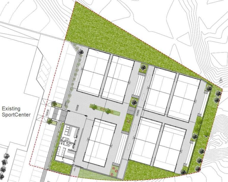 CAD-Zeichnung einer Padelanlage mit mehreren Spielfeldern und einem Sportzentrum.