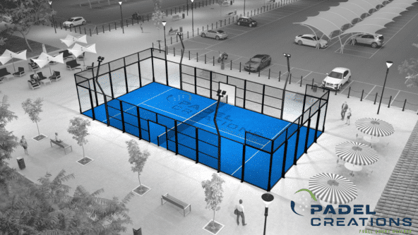 Ein Padelplatz mit blauen Spielfeldern und einem umgebenden Zaun, erstellt von Padelcreations.