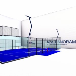 3D rendering of a Panoramic Pro 360 padel court with a blue playing surface and glass walls.