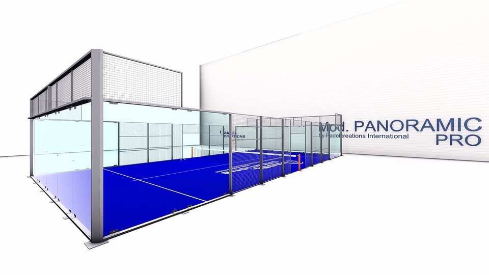 3D-Rendering eines Padelplatzes mit blauer Spielfläche und Glaswänden.