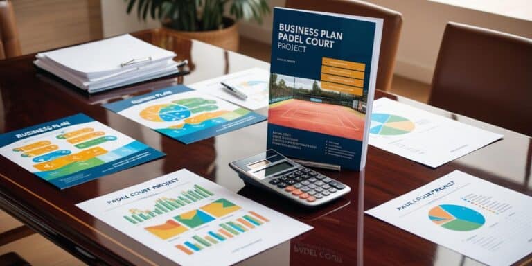 Ein Businessplan für ein Padel Court Projekt auf einem Tisch mit Diagrammen und einem Taschenrechner.