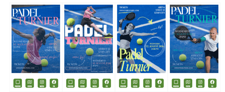 Vier Plakate für ein Padel Turnier mit verschiedenen Spielern und Bällen auf dem Platz.