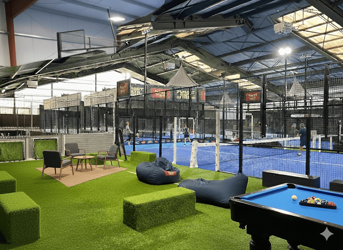 Indoor sports center with a blue fenced court where people play; foreground lounge with bean bags, chairs, and a pool table.