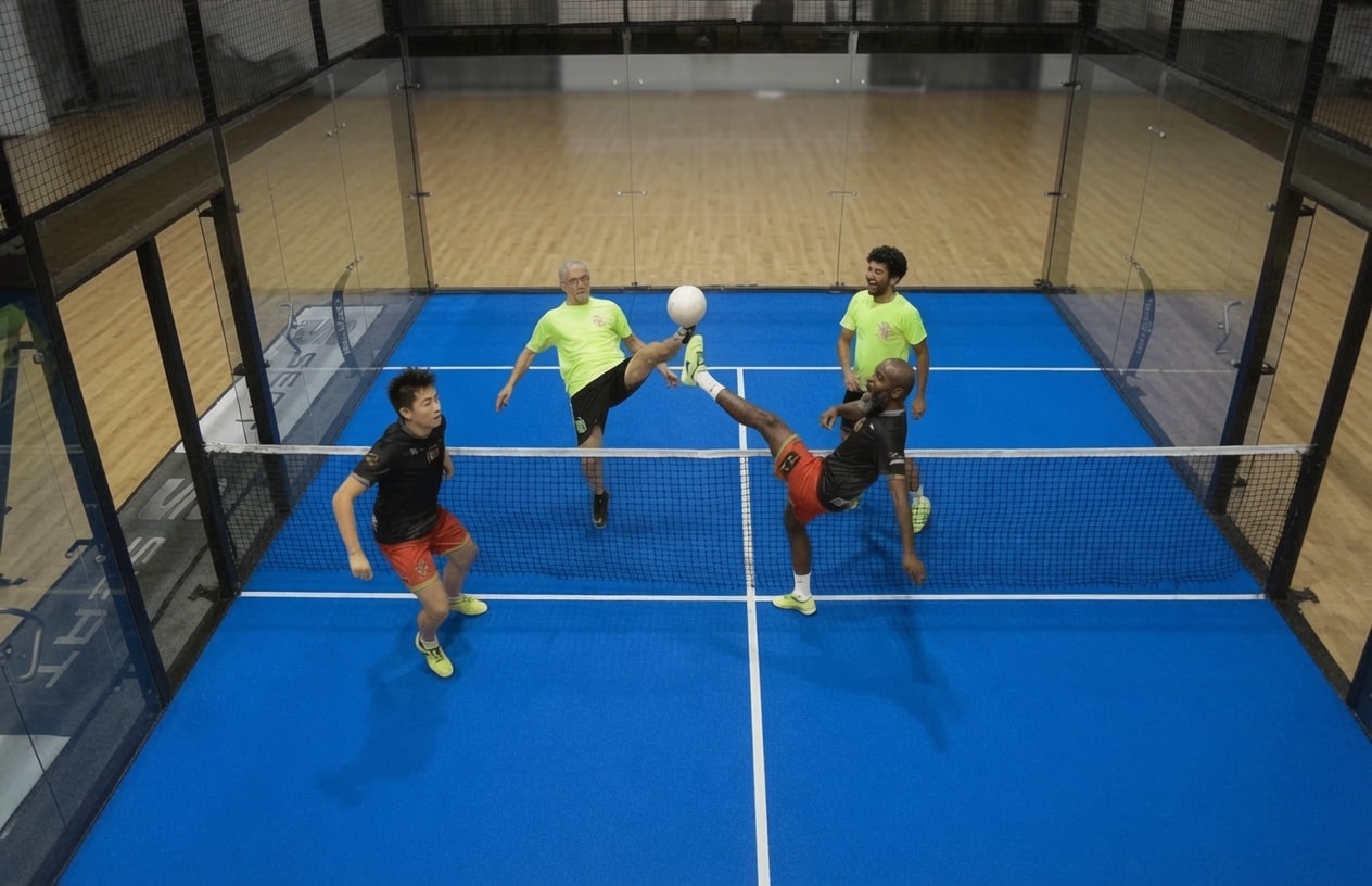 Four players rally over a net on a blue indoor padbol court, with two athletes raising their legs to control the ball near the center line.
